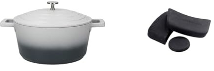 MasterClass MCMCRD24GRY Lightweight Casserole Dish with Lid, Ombre Grey, 4 Litre/24 cm & MCMCASS3PC Pan Handle Sleeve Set for Cast Aluminium Casserole Pots, Easy Grip Silicone, 3 Pieces