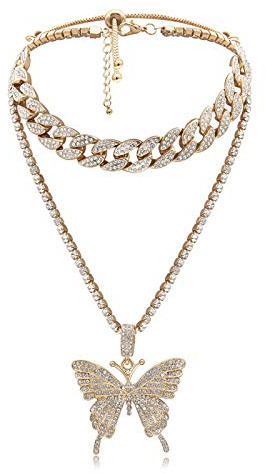 Yifnny Collana a Maglia Cubana Farfalla, Girocollo a Catena Cubana Grande Farfalla con Ciondolo a Farfalla con Strass Bling Collana con Catena a Farfalla Gioielli Hip Hop per Donne (Oro)