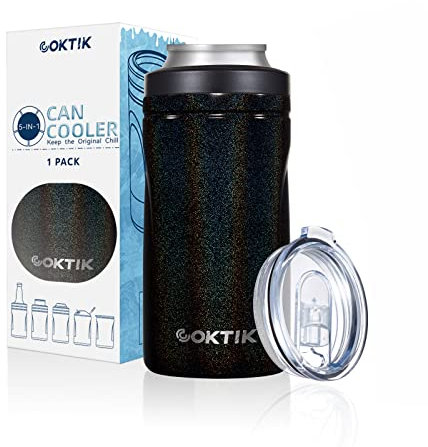 COKTIK Doublae - Raffreddatore termico 5 in 1, sottile, per lattine e bottiglie di birra normali o sottili da 350 ml (nero lucido)