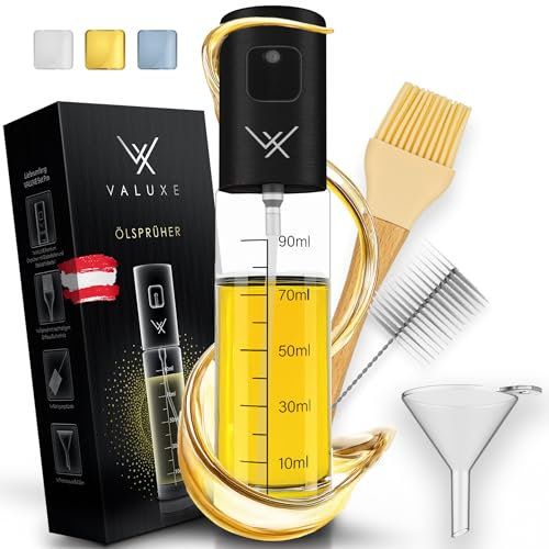 VALUXE® Ölsprüher [BLACK ORIGINAL] - Extrem präzise Öl-Sprühflasche aus Edelstahl und Glas - Multifunktionaler Premium Öl-Spray - Coole Küchen Gadgets für Speiseöl - Oil Spray zum Kochen