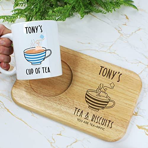 eBuyGB Personalised Tea & Biscuits Board & Cup of Tea Mug Set, Father's Day, Birthday Gift for Dad, Grandad, Friend - Any Name