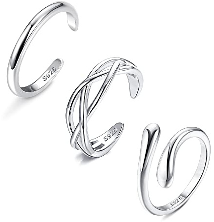 Sllaiss 925 Sterling Silver Toe Ringar för kvinnor 3 st Band Toe Rings Set Vitguld Justerbara Tåringar Knut Star Moon Pärlor Öppen Tå Ringar Sommar Fot Smycken Set A