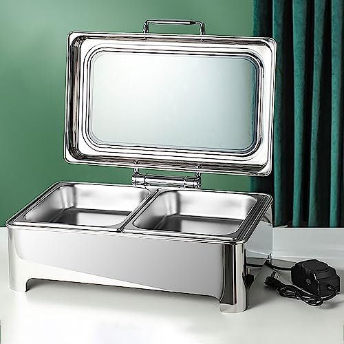 Electric Chafing Dish Buffet Set, 8QT 400W Chafing Dishes, Stainless Steel Buffet Servers And Warmers With Glass Lid, 9 Heating Levels, Food Warmers Chafers For Party Catering ( Color : Double pot )