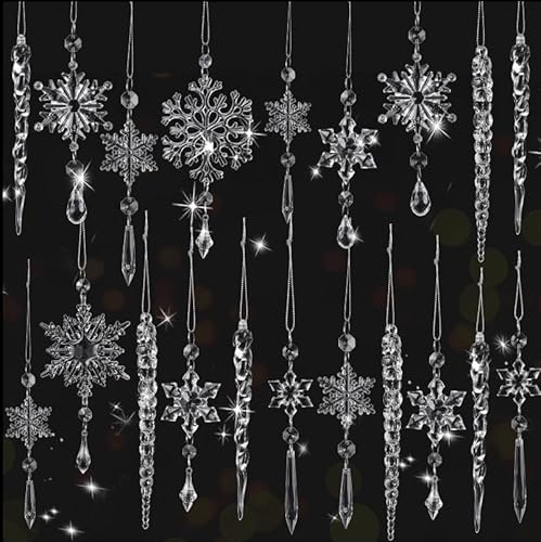 24pcs Snowflake Icicle Ornaments Christmas Tree Decorations - Large Crystal Acrylic Indoor Hanging Decor Set for Xmas Winter Themed Wonderland Party