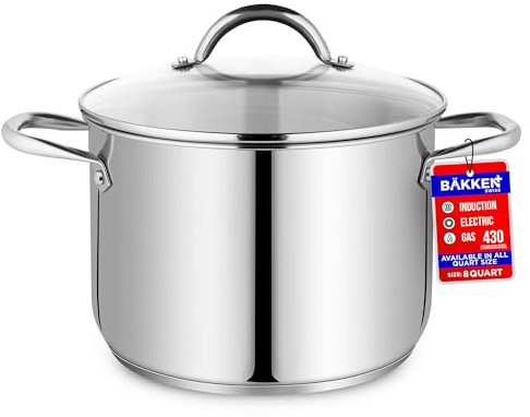 Stainless Steel Stock Pot with 8 Quart Tempered Glass lid, Durable 18/0 Stainless Steel, Impact Bonded Base for Even Heating, Riveted Handles, Oven Safe and
