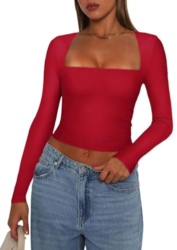 YILEEGOO Women Y2K Long Sleeve Tops Sexy Low Cut Square Neck Basic Tops Blouse Casual Slim Fit Solid Color Crop Top Tight T-Shirt (Red, S)