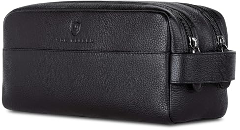 VON HEESEN Kulturbeutel Leder Kulturtasche für Herren & Damen - Echtleder Necessaire ideal zum Reisen - Waschtasche und Kosmetiktasche mit Zwei Hauptfächern schwarz, groß