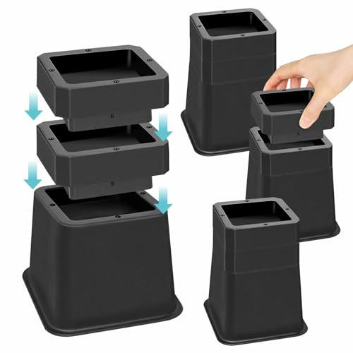 MixDora Bed Risers 3, 4 or 5 Inch Stackable Furniture Risers Adjustable Chair Raisers for Sofas Couches Table Set of 4 Pack Black