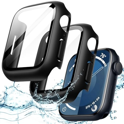 JETech Cover Impermeabile per Apple Watch Series 9/8/7 45mm, Nero | con Pellicola Protettiva, Vetro Temperato Integrato, Custodia Bumper PC Rigido, Alta Sensibilità Touch