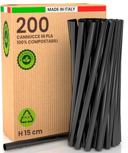 200 Cannucce Larghe Jumbo in Bioplastica 100% Rigide Ecologiche - 15 cm x 8 mm, Biodegradabili Compostabili e Riutilizzabili, Made in Italy - Ideali per Bevande, Cocktail, Eventi e Feste – Colore Nero
