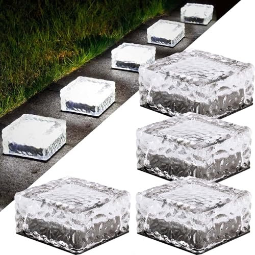 4 pietre Luci Interrate da Esterno,Luce Solare per Mattoni da Esterno,Lampade Solari in Acrilico Cristallo Mattone Pietra,Pietre per Lastricati Vetro Solare,Lampade Solari Illuminazione per Percorsi