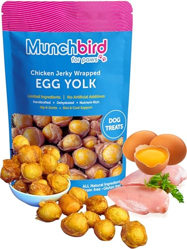 Munchbird Dehydrated Chicken Jerky Wrapped Egg Yolk Dog Treats, high-Protein Dog Food Topper with no fillers. Natural Alternative to Freeze-Dried Quail Egg Yolk. Healthy Dog Treats, 7 oz, 20–30 pcs.