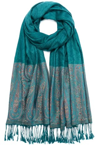 QIUTIMIY Paisley Pashmina Scialle Wrap Donne Reversibile Vintage Jacquard Pashmina Rave Sciarpa con Frange per Serata, Matrimonio, Fiore5-pavone Blue1, 200 * 70 cm