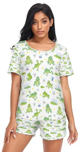 HMZXZ Damen Schlafanzug-Set Frosch Lotus Blatt Sommer Pyjama Woman Set,Grün Frosch Loungewear und Shorts Lounge Set Sleepwear Nachtwäsche