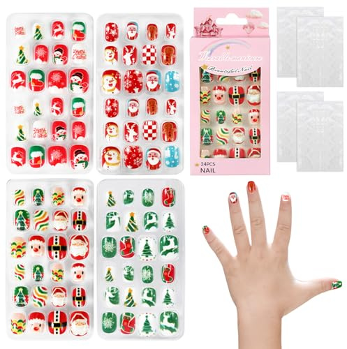 JSRQT Lot de 4 Faux Ongles à Presser de Noël pour Enfants, Couverture Complète Faux Ongles Artificiels, Ongles à Coller Courts Carrés Motif Sapin de Noël Père Noël, pour Filles Manucure des Ongles