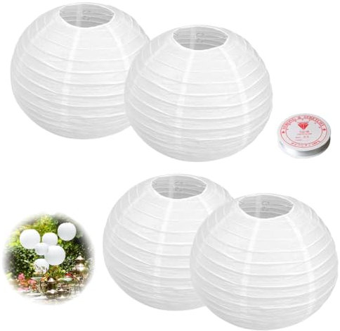 NHPY 4 pezzi Lanterne Cinesi, 20cm Lanterna di carta Rotonde, White Lanterne di carta da Appendere Decorazione per Decorazioni Domestiche, Feste e Matrimoni, Con cavo decorativo di 60 m