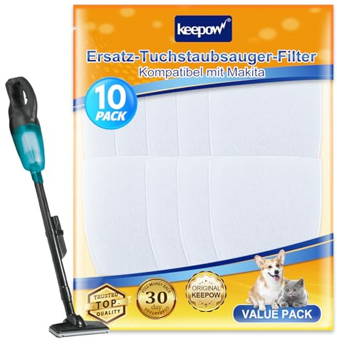 KEEPOW 10-delars förpackning dammsugarfilter kompatibel med Makita 443060-3, kompatibel med Makita dammsugarpåsar CL070DS, CL100, CL100D, CL100DZX, CL106, CL106D, CL183, CL183D, DCL180