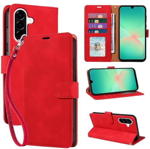 GOTOURED RFID Blocking for Samsung Galaxy A26 Case Wallet (Red) | 4 Card Slots, Soft PU Leather, TPU Inner Shell, Wrist Strap, Kickstand, Magnetic Folio Flip Cover, Shockproof Protective