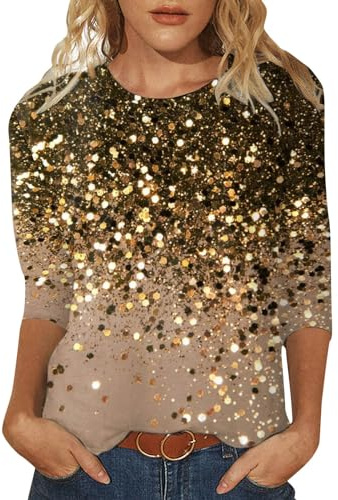Glitzer Oberteil Damen Pailletten 3/4 T-Shirt Elegant Sexy Glitzer Shirt Festliches Shirt Mit Glitzer Bluse Festliche Goldenes Oberteil Tunika Bluse Outfit Top Kleidung