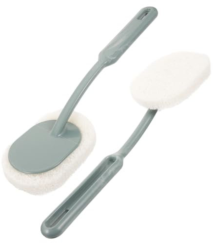 GRIRIW 2pcs Bathroom Brush Plastic Handle and Replaceable Scouring Pads, Long Handle Cleaning Brush for Toilet, Bathtub, Floor, Wall Scrubbing, Multi-surface Bathroom Cleaner