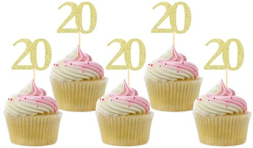 Sotpot 30PCS Gold Glitter 20th Birthday Cupcake Toppers Cheers to 20 Years Cupcake Picks for 20th Birthday Anniversary Party Decorations