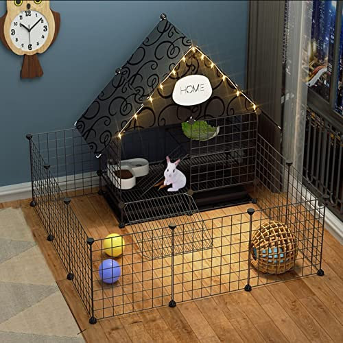 Kaninchenstall, Laufstall Für Kleintiere, 2-Stöckiger Kaninchenkäfig Für Den Innenbereich, Metallgitter, Kleintierkäfige Mit Kletterleiter, Haustierhaus Mit Türen Für Kät(Black-111*111*92cm)