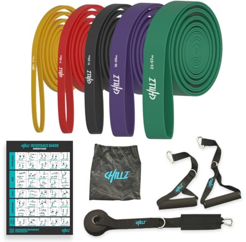 New Multi-Colour CHILLZ Pull Up 5 Resistance Bands, Exercise Band, Pull Up, in KG, with Handles, Door Anchor, Bag. Multi-Colour gradient. New Workout Guide Designed by Pro Online PT. (Multi-Colour)