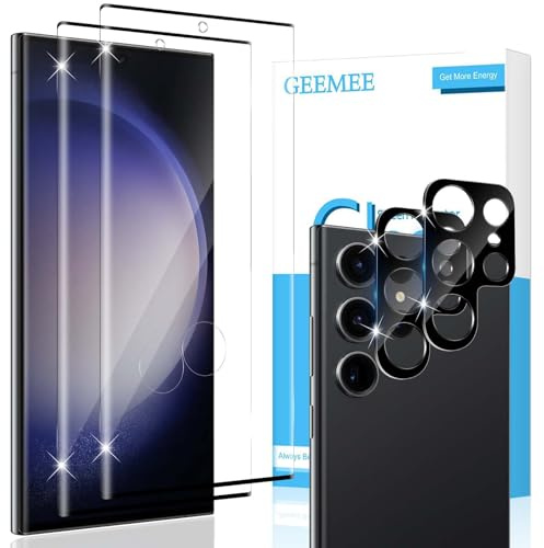 GEEMEE for Samsung Galaxy S23 Ultra 3D Screen Protector, 2 Pack Screen Protector + 2 Pack Camera Lens Protector, 9H HD Clear Anti-Scratch Easy Installation Tempered Glass Film