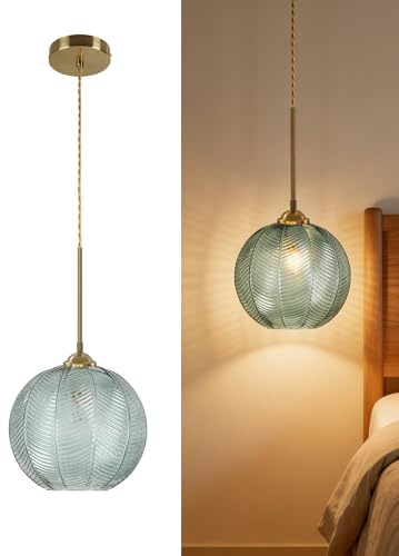 bomiel Grün Glas Pendelleuchte Ø25 cm Blattmuster Metall, Höhenverstellbar, E27, für Flur, Esszimmer, Schlafzimmer (Ohne Leuchtmittel)