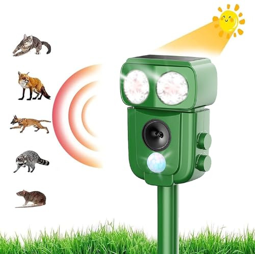 Repelente de gatos para exteriores, para jardines, repelente ultrasónico de gatos con flash LED y 2 formas de uso, carga USB y repelente solar impermeable para gatos, perros, pájaros y zorros