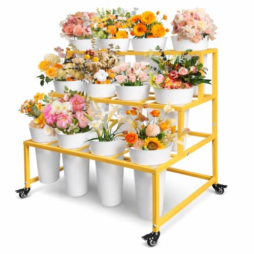 PROLEE Flower Stand with 12 Buckets, Flower Display Stand with Wheels, Flower Cart, Moving Florist Bouquet Shelf for Events, Party, Events (Gold)