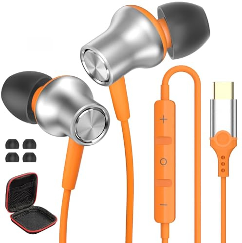 AIAUXAI Cuffie USB C per iPhone 17 16 15 Microfono Controllo Volume Arancio | Cuffie con Filo per OPPO per Xiaomi, Auricolari Tipo C in Ear per Samsung Galaxy S26 Ultra S25 S24 S23 S22 A56 A16 A17 Laptop