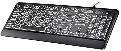Teclado retroiluminado USB con cable con letras grandes de letras blancas iluminadas LED con diseño numérico de 104 teclas, teclado numérico, teclas de acceso rápido multimedia, brillo ajustable para