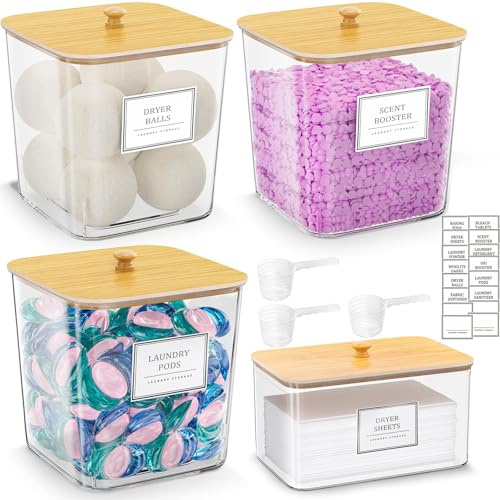 FUSHITON Aufbewahrungsbox für Waschpods, 3+1 Set klare Behälter mit Bambusdeckel für Waschmittel, Duftperlen & Trocknertücher, inkl. 16 Etiketten und Messlöffel