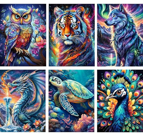 TLIOBLO 6 Pack Tiere Diamond Painting Bilder Erwachsene, 5D Diamant Painting Fantasietiere Bilder Erwachsene Anfänger, DIY Diamant Kunst Fluss Set Diamant Malerei Kinder für Home Dekor 30x40cm