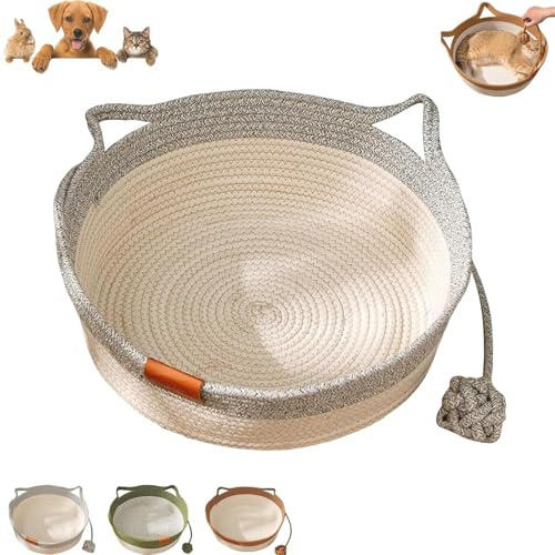 Instinct Basket Katzenbett mit Spielzeugschwanz Katzenohren Design Atmungsaktiv Ganzjahresuniversal, Handgewebtes Baumwollseil Anreicherungsbett Katzenbett (Grau, L)