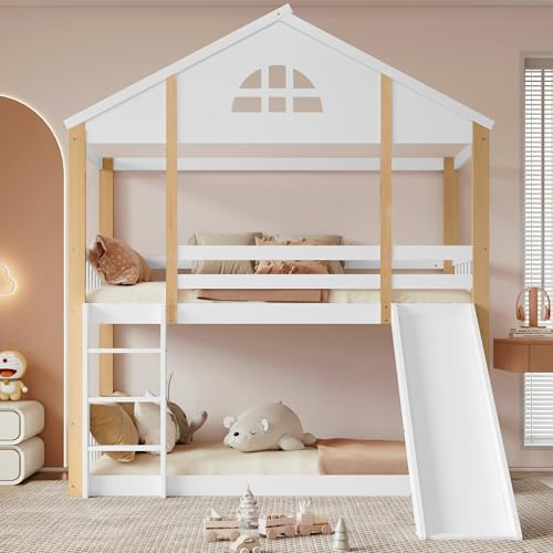 Litera 90x200 Blanco y Madera Cama Alta con Tobogán Reversible y Escalera Lateral Marco en Pino Macizo con Diseño de Casita y Ventanas Litera Individual para Dormitorio Juvenil y Apartamento