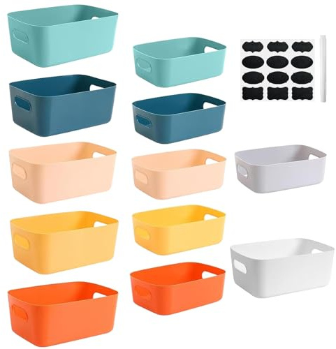GAOHAN 12 Pack Plastic Storage Boxes with Handles,Colourful Storage Baskets