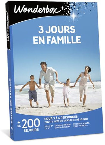 Wonderbox - 3 Jours en Famille - Coffret Cadeau - Idée Cadeau Séjours | 2 nuits avec ou sans petits déjeuners - Plus de 200 séjours - Hôtel 3* ou 4*, maison d'hôtes, cabane, yourte, tipi, roulotte