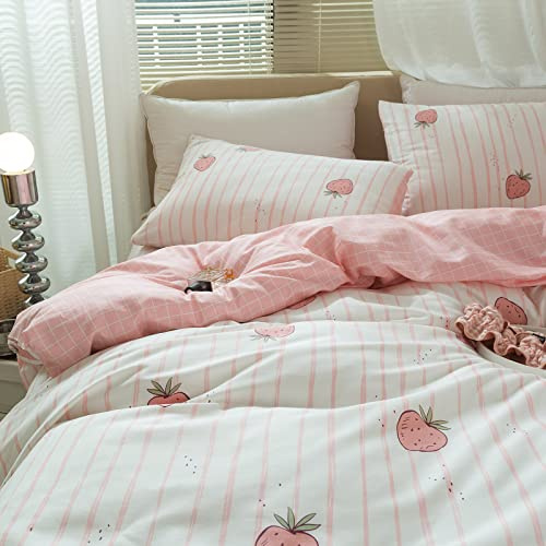 Pink Strawberry Duvet Cover Set Twin Kids Girls Kawaii Bedding Set 100% Cotton Fruit Strawberry Comforter Cover for Teens Children Boys Lovely Cartoon Kids Kawaii Bedroom Collection with 2 Pillowcases