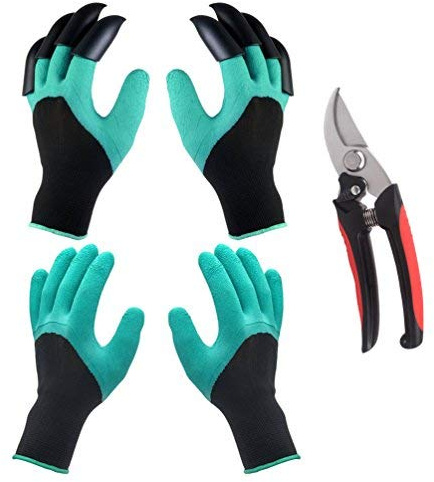 DIVISTAR Gartenhandschuhe mit Gartenschere - Geschenk für Gärtner Garten Genie Handschuhe mit Krallen - sicheres und schnelles Graben Pflanzen (2 Paar)
