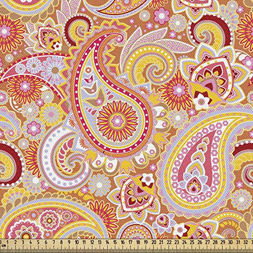 ABAKUHAUS Orange Gewebe als Meterware, Asiatisches Paisley, Schön Gewebten Stoff für Polster und Wohnaccessoires, 1M (148x100cm),Gelb Orange