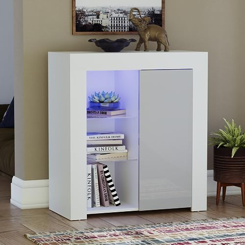 Vida Designs Azura 1 Door Modern LED Sideboard in White & Grey, RGB Lights (Fade/Strobe Options Included), High Gloss