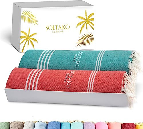SOLTAKO Fouta Telo da Mare in Cotone, Grande Telo da Spiaggia, Asciugamano Sauna Hammam, 100x200cm, Pestemal Fouta Turco, Set di 2 asciugamani