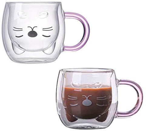 HLTER Doppelwandige isolierte Gläser, Kaffeetasse mit Griff, Set mit 2 langlebigen 280 ml, süße Bärentasse, Kaffeegläser, Teetassen für Zuhause und Büro
