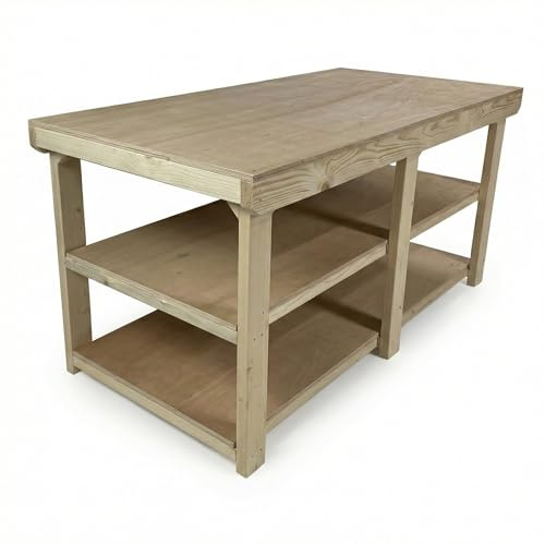 Arbor Garden Solutions Static Extra Deep 3ft Workbench with Double Shelves – Eucalyptus Plywood Top – Garage Island & Fabric Cutting Table (180cm / 6ft Length)