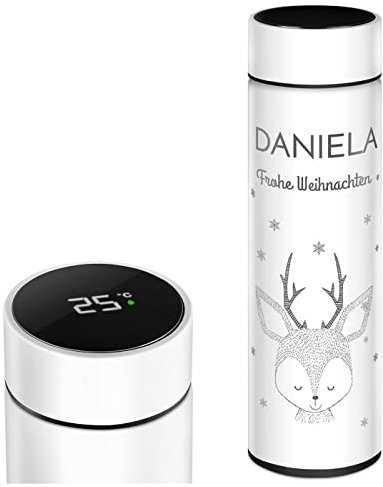Maverton Edelstahl Trinkflasche mit Gravur 450 ml - Thermo Kaffeebecher auslaufsicher 100% dicht - Isolierflasche mit LED-Temperaturanzeige - Thermosflasche zu Weihnachten - Rentier