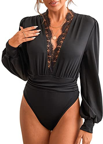 CUPSHE Damen Bodysuit Tiefer V Ausschnitt Spitzenbesatz Langarm Raffungen Bodies Casual Langarmshirt Overall Blusenbody Top Schwarz M