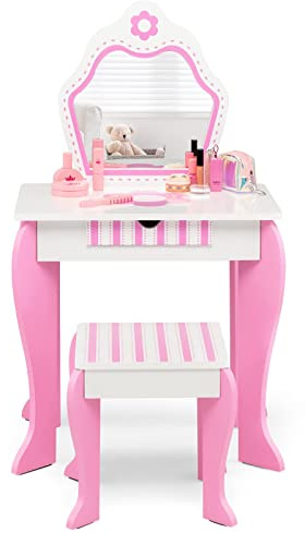 COSTWAY Kids Vanity Table and Stool, Girls Dressing Set with Mirror, Drawer, Cute Children's Makeup Desk for Age 3-7