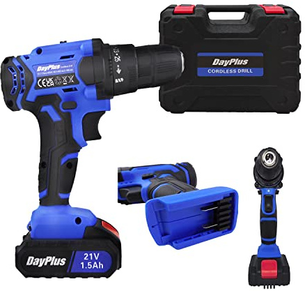 Taladro Atornillador Bateria 21V, Para Hogar e Bricolaje, Electrico Taladro Inalámbrico con 1 Baterías 1.5Ah, 45 Nm, 25+1 Ajuste de Par, 2 Velocidad, Portabrocas de 10mm, LED Luz, Caja de plástico